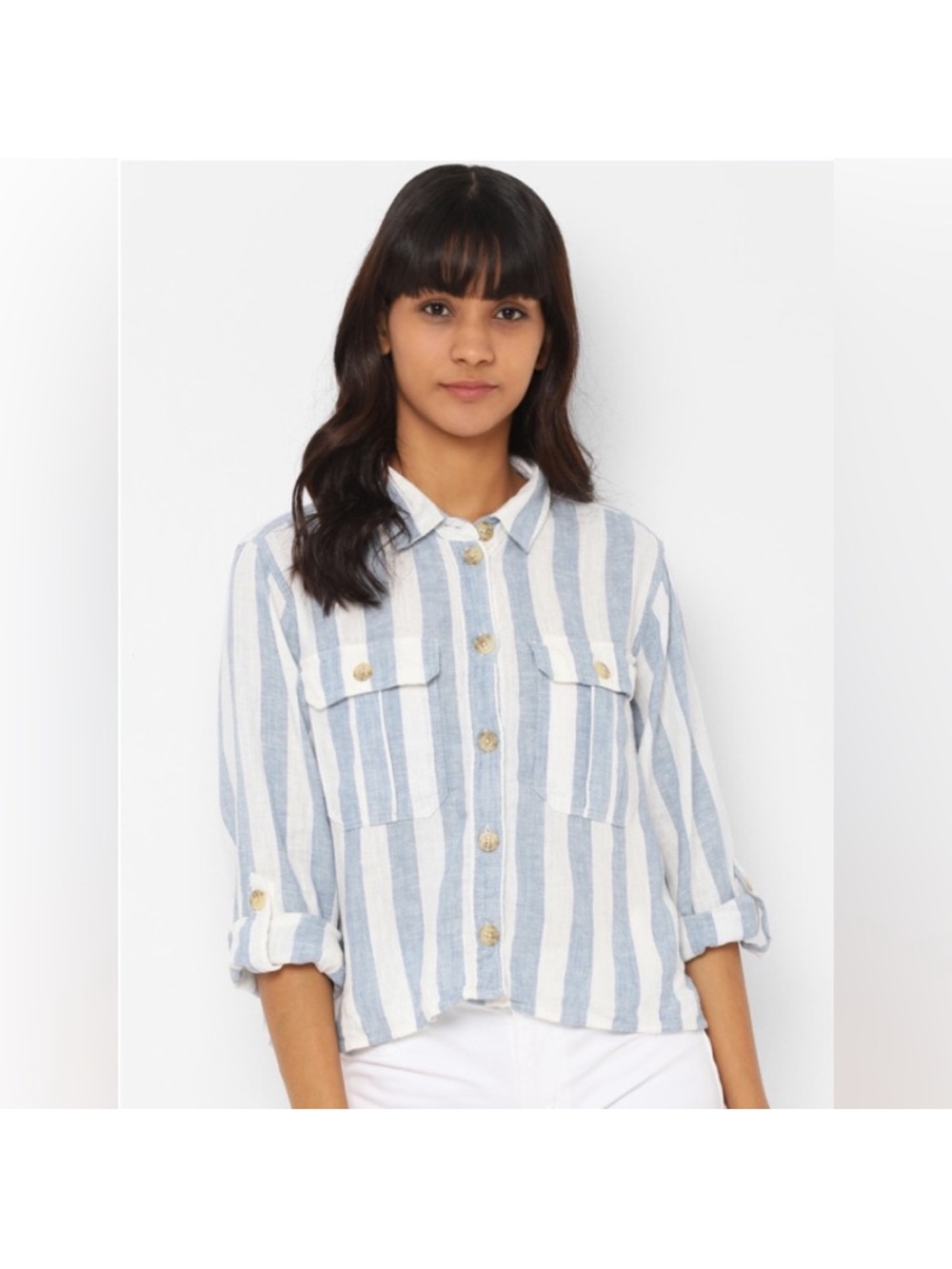 American Eagle Striped Button-Front Linen Blend Shirt Boho Beach Lagen Look
